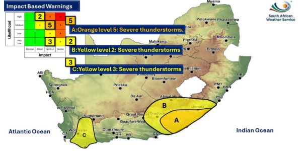 Waarskuwing vir donderstorms uitgereik vir Woensdag