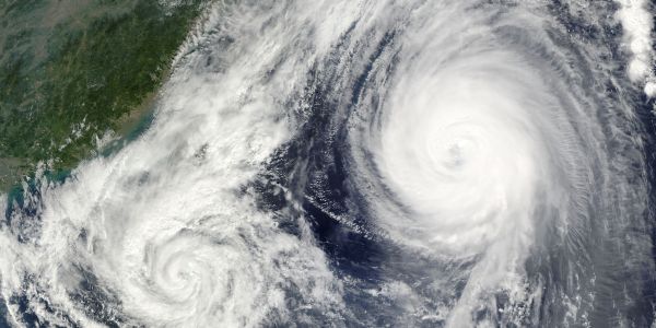 Satellite image of a large storm system over a coastal region