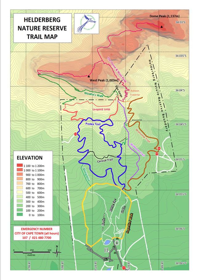 Helderberg Nature Reserve trail map showing the eight main hiking trails and elevation
