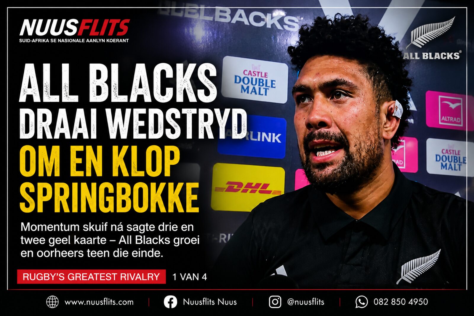 All Blacks-speler tydens ’n onderhoud ná die oorwinning oor die Springbokke