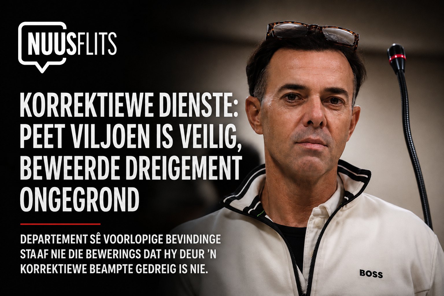 Peet Viljoen voor 'n mikrofoon, Korrektiewe Dienste sê hy is veilig in Kgosi Mampuru II