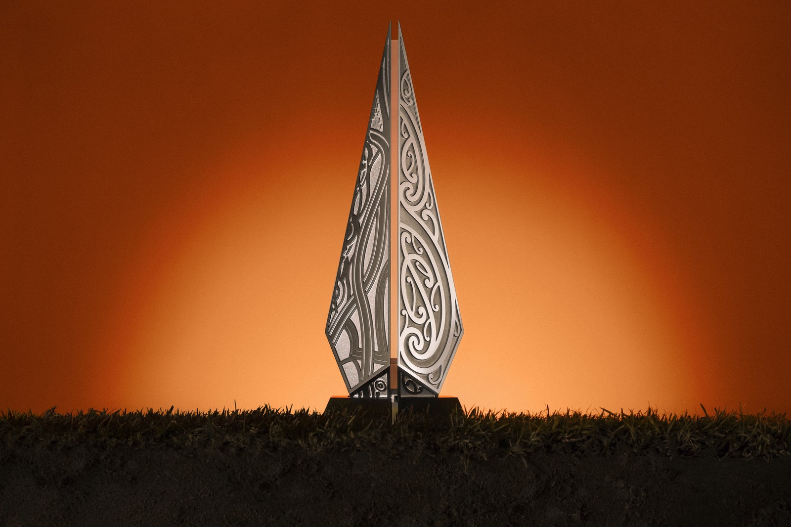 The Rugby's Greatest Rivalry trophy formed from two magnetised blades on a stone base