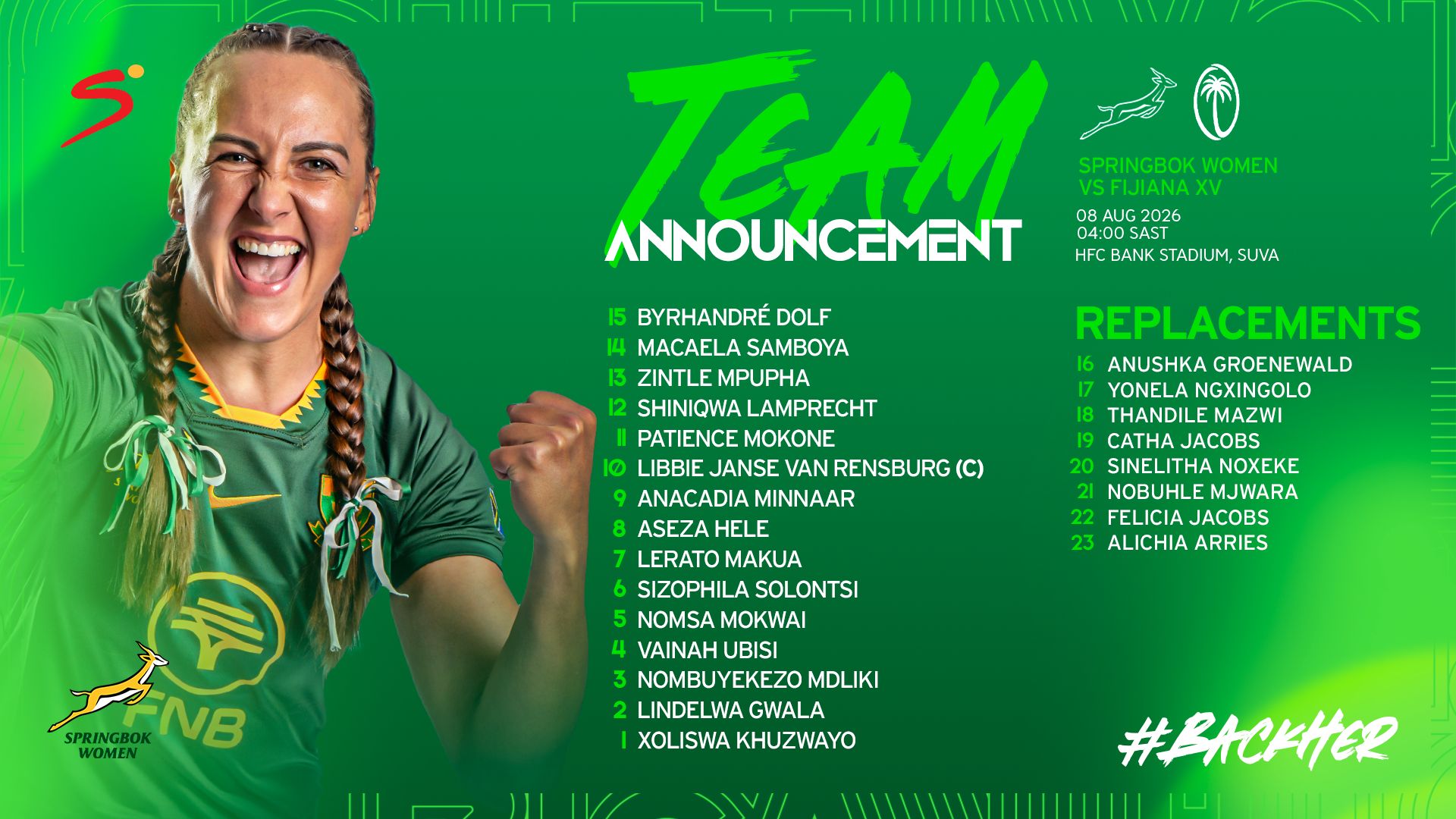 Springbok Women vs Fijiana XV team announcement graphic for the Test in Suva