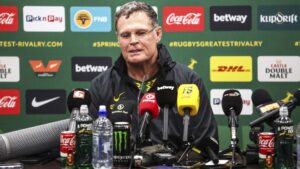 Springbok coach Rassie Erasmus speaks at a press conference after the first Test against the All Blacks