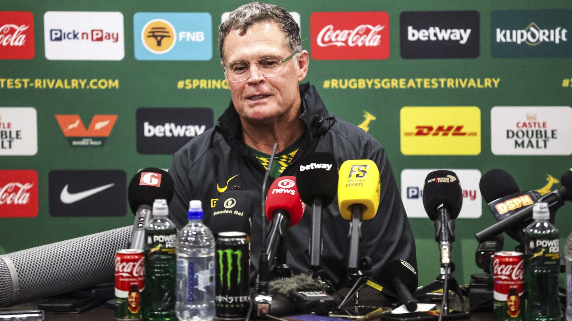 Springbok coach Rassie Erasmus speaks at a press conference after the first Test against the All Blacks