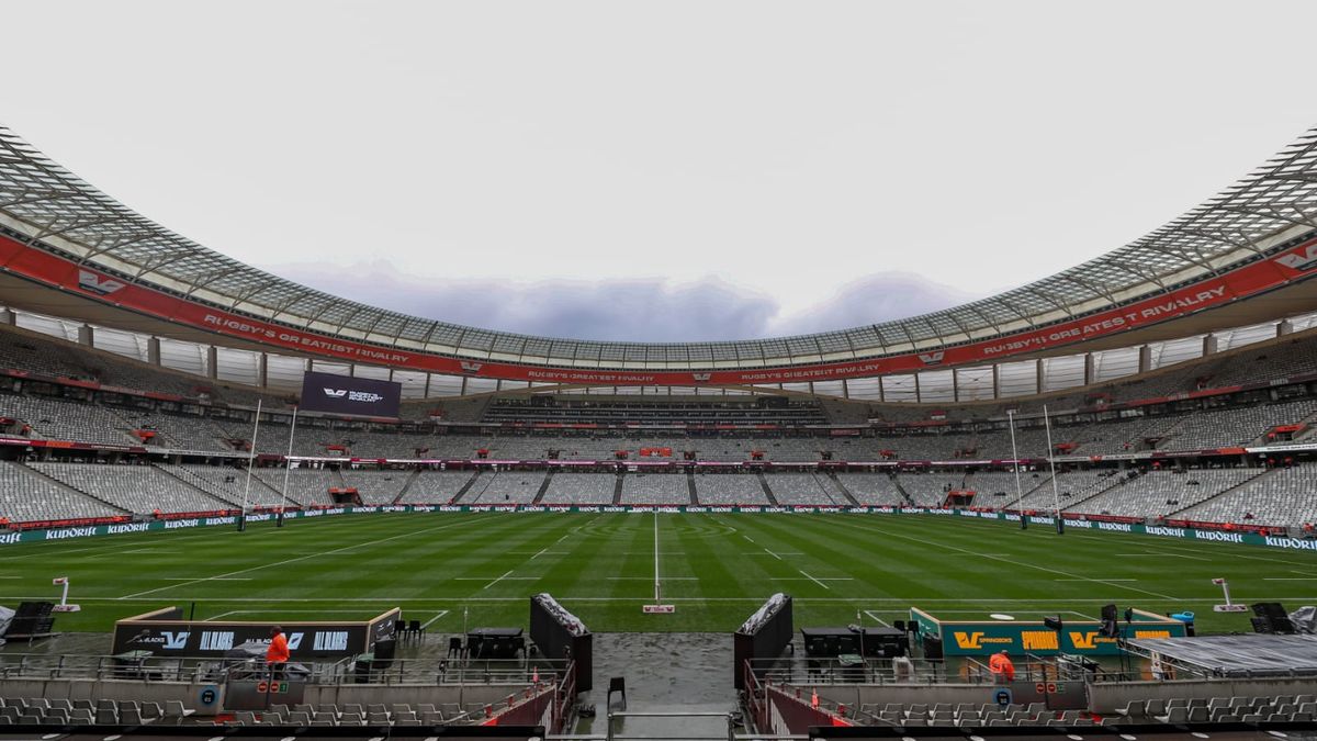 Lee DHL-stadion onder bewolkte lug voor die tweede toets in Kaapstad tussen die Springbokke en die All Blacks