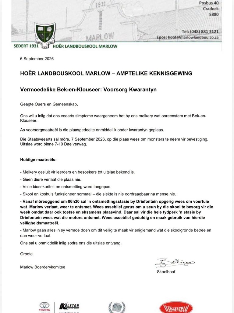 Agricultural school quarantine
