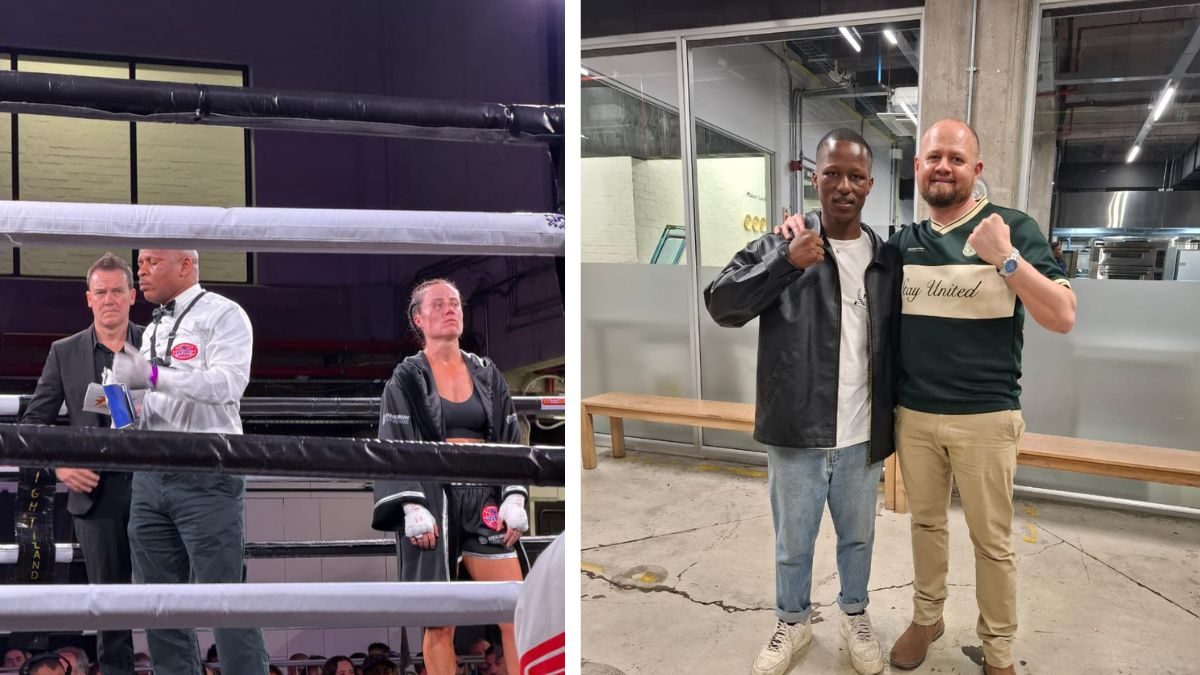 Skeidsregter en amptenare saam met ’n vegter in die ring by Fight Island 6