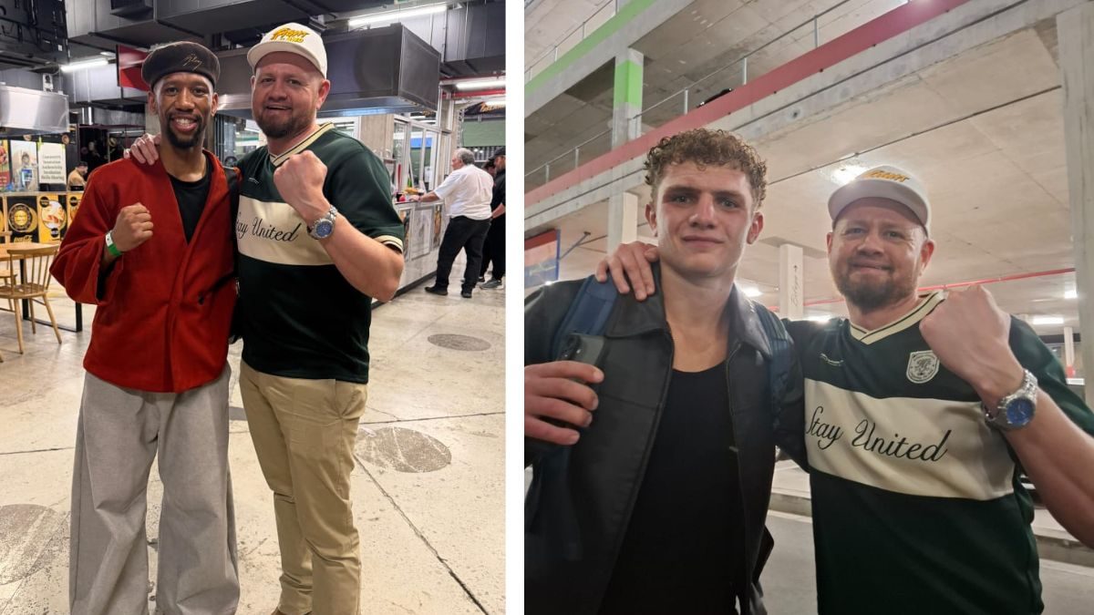 Vegters poseer saam met Bert Mostert by Makers Landing tydens Fight Island 6