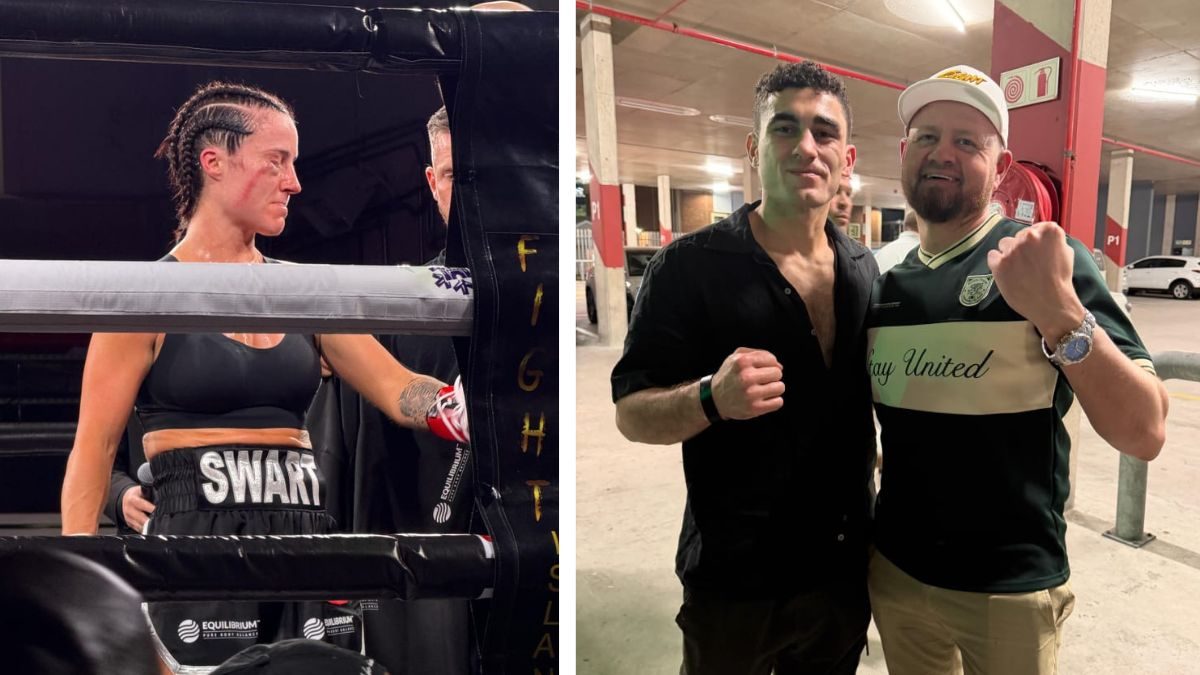 ’n Bokser in die ring by Fight Island 6 aan die V&A Waterfront in Kaapstad