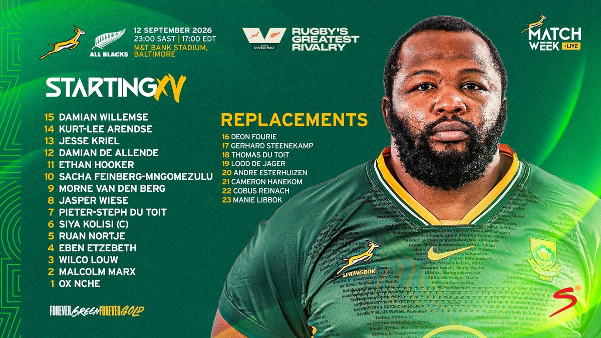 Springbok-spanaankondiging vir die toets teen die All Blacks in Baltimore