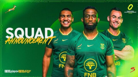 Siya Kolisi en twee Springbok-spelers op SA Rugby se grafika vir die aankondiging van die Springbokgroep vir die November-toer